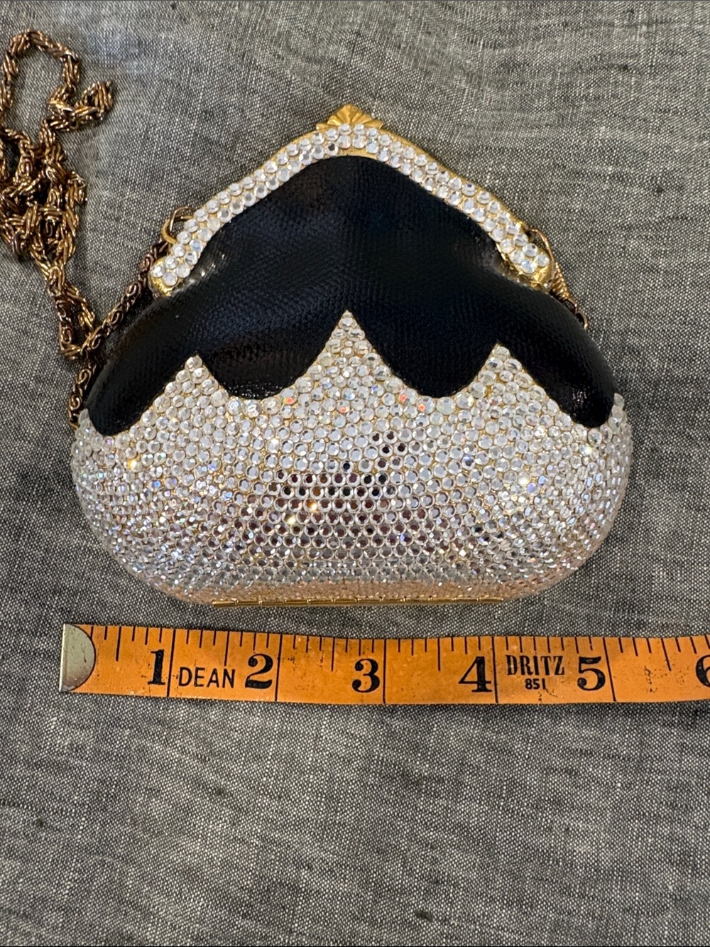 Vintage Rhinestone Hard Case Evening Bag Black Silver Cocktail Clutch Crossbody - Picture 7 of 8